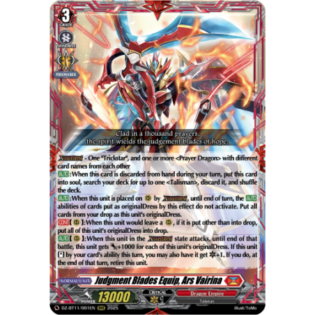Vanguard_TCG_card_DZ-BT11_001EN_RRR_Judgment_Blades_Equip_Ars_Vairina_Symphony_of_Might_Bloom