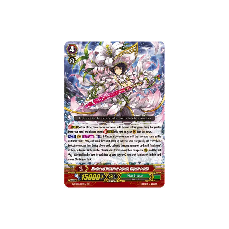 Vanguard_TCG_card_G-EB02_019EN_RR_Maiden_Lily_Musketeer_Captain_Virginal_Cecilia_The_AWAKENING_ZOO