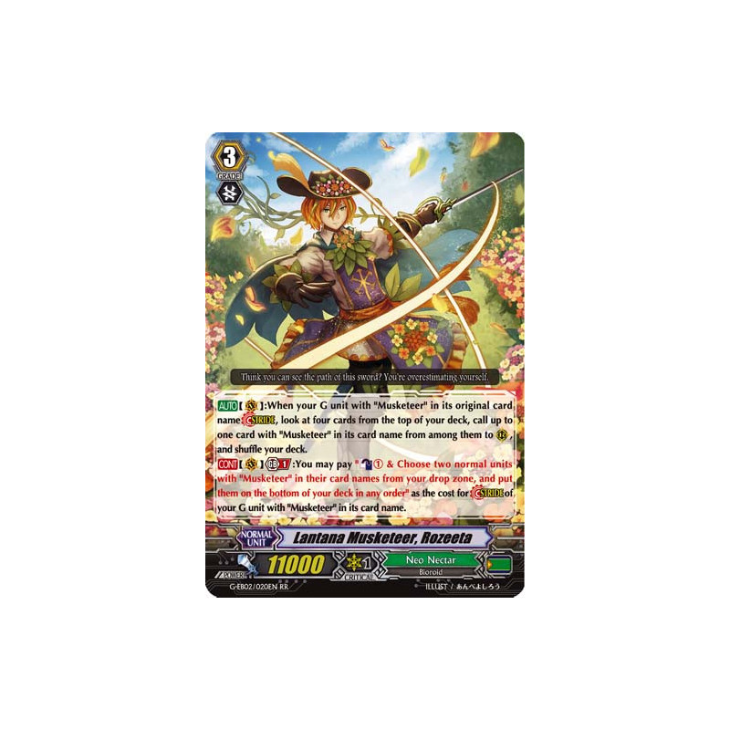 Vanguard_TCG_card_G-EB02_020EN_RR_Lantana_Musketeer_Rozeeta_The_AWAKENING_ZOO