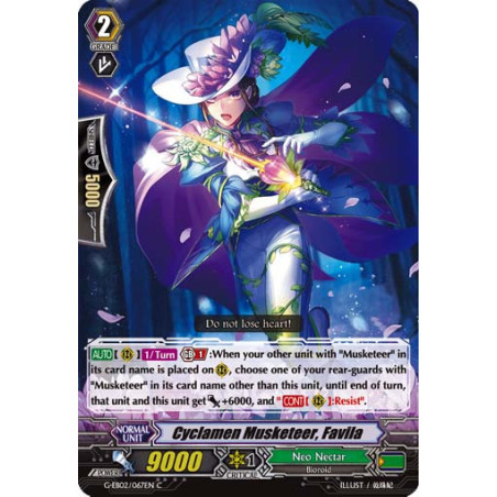 Vanguard_TCG_card_G-EB02_067EN_C_Cyclamen_Musketeer_Favila_The_AWAKENING_ZOO