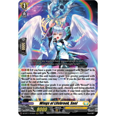 Vanguard_TCG_card_DZ-BT11_012EN_RRR_Wings_of_Lifebrook_Soel_Symphony_of_Might_Bloom