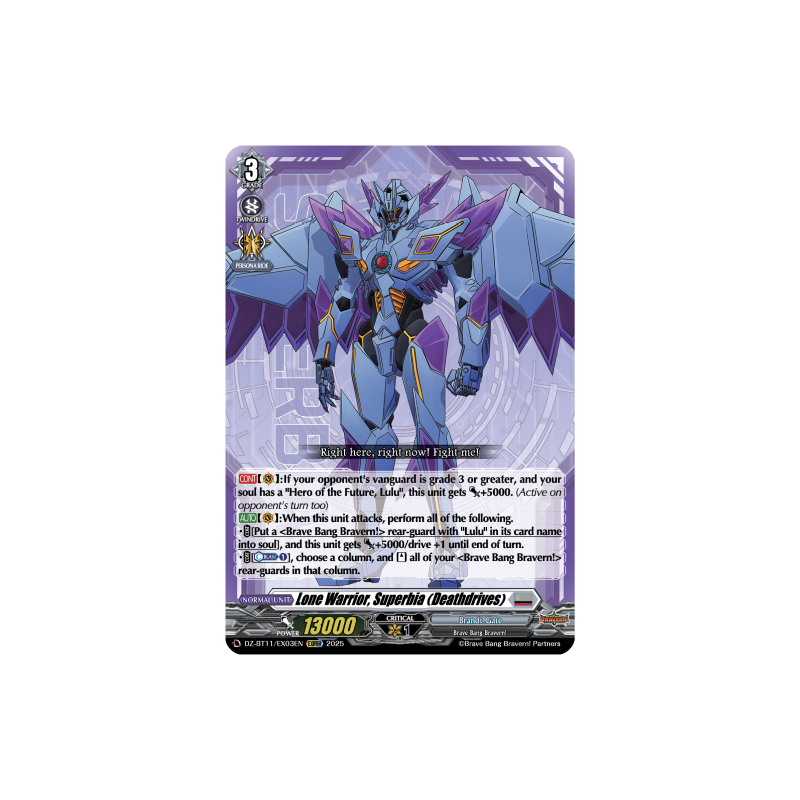 Vanguard_TCG_card_DZ-BT11_EX03EN_EX_Lone_Warrior_Superbia_Deathdrives_Symphony_of_Might_Bloom