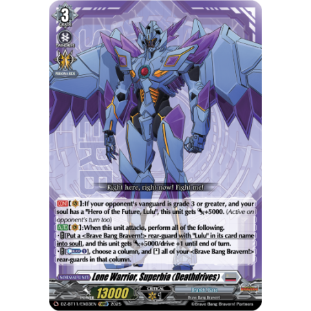 Vanguard_TCG_card_DZ-BT11_EX03EN_EX_Lone_Warrior_Superbia_Deathdrives_Symphony_of_Might_Bloom