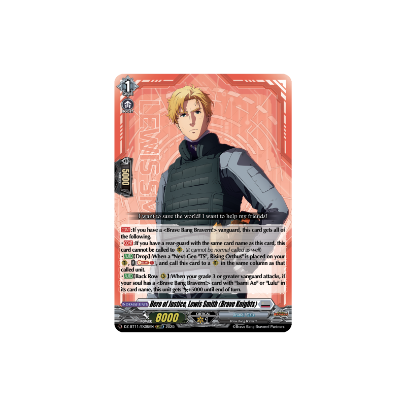 Vanguard_TCG_card_DZ-BT11_EX05EN_EX_Hero_of_Justice_Lewis_Smith_Brave_Knights_Symphony_of_Might_Bloom