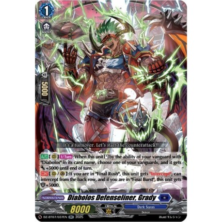 Cardfight Vanguard card DZ-BT07/037EN RR Diabolos Defenseliner, Grady Moon Fangs & Cerulean Blaze