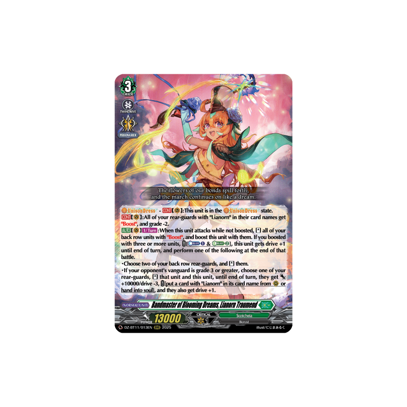 Vanguard_TCG_card_DZ-BT11_013EN_RRR_Bandmaster_of_Blooming_Dreams_Lianorn_Traumend_Symphony_of_Might_Bloom