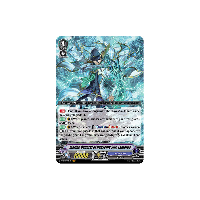 Vanguard_TCG_card_V-BT11_001EN_VR_Marine_General_of_Heavenly_Silk_Lambros_Storm_of_the_Blue_Cavalry