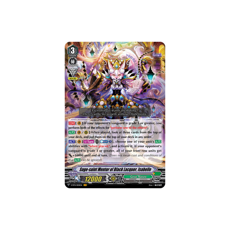 Vanguard_TCG_card_V-BT11_004EN_VR_Sage-saint_Mentor_of_Black_Lacquer_Isabelle_Storm_of_the_Blue_Cavalry