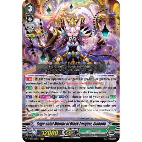 Vanguard_TCG_card_V-BT11_004EN_VR_Sage-saint_Mentor_of_Black_Lacquer_Isabelle_Storm_of_the_Blue_Cavalry