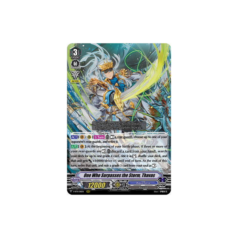 Vanguard_TCG_card_V-BT11_011EN_RRR_One_Who_Surpasses_the_Storm_Thavas_Storm_of_the_Blue_Cavalry