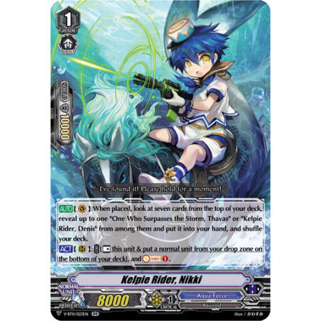 Vanguard_TCG_card_V-BT11_023EN_RR_Kelpie_Rider_Nikki_Storm_of_the_Blue_Cavalry