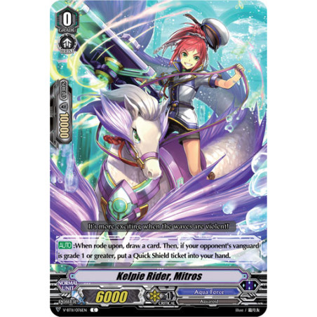 Vanguard_TCG_card_V-BT11_076EN_C_Kelpie_Rider_Mitros_Storm_of_the_Blue_Cavalry