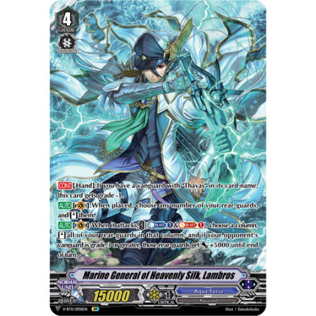 Vanguard_TCG_card_V-BT11_SP01EN_SP_Marine_General_of_Heavenly_Silk_Lambros_Storm_of_the_Blue_Cavalry
