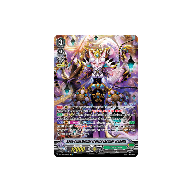 Vanguard_TCG_card_V-BT11_SP04EN_SP_Sage-saint_Mentor_of_Black_Lacquer_Isabelle_Storm_of_the_Blue_Cavalry