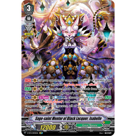 Vanguard_TCG_card_V-BT11_SP04EN_SP_Sage-saint_Mentor_of_Black_Lacquer_Isabelle_Storm_of_the_Blue_Cavalry