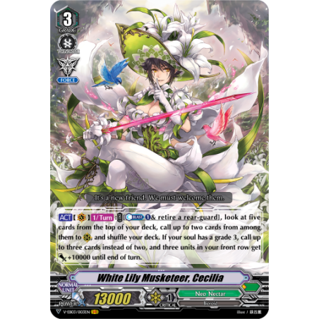 Vanguard_TCG_card_V-EB03_003EN_VR_White_Lily_Musketeer_Cecilia_ULTRARARE_MIRACLE_COLLECTION
