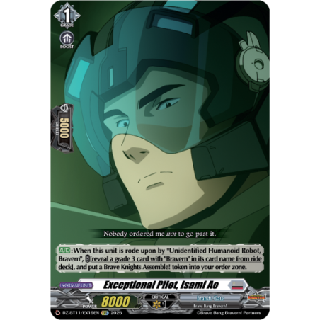 Vanguard_TCG_card_DZ-BT11_EX19EN_EX_Exceptional_Pilot_Isami_Ao_Symphony_of_Might_Bloom
