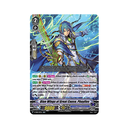 Vanguard_TCG_card_V-EB08_017EN_RR_Blue_Wings_of_Great_Cause_Phayllos_My_Glorious_Justice