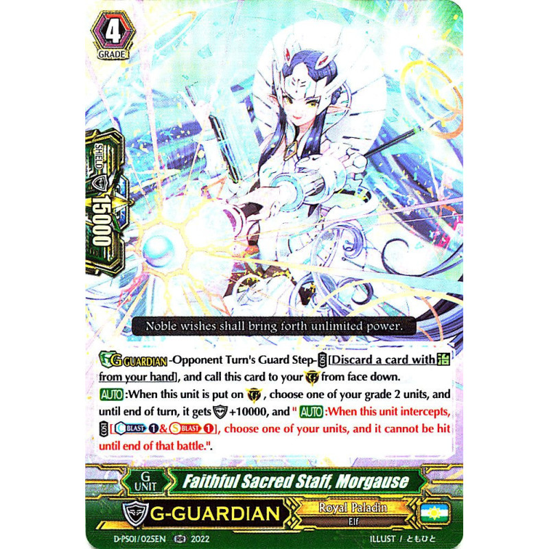 Vanguard_TCG_card_D-PS01_025_RR_Faithful_Sacred_Staff_Morgause_P_Clan_Collection_2022