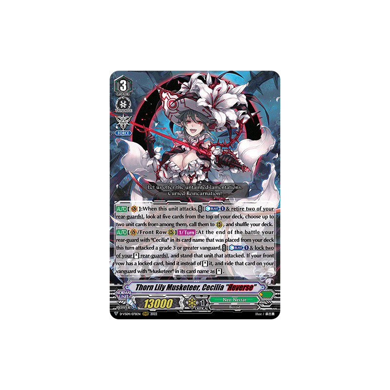 Vanguard_TCG_card_D-VS04_078_RRR_Thorn_Lily_Musketeer_Cecilia_Яeverse_V_Clan_Collection_Vol.4