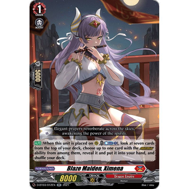 Vanguard_TCG_card_D-BT03_012EN_RR_Blaze_Maiden_Ximena_Advance_of_Intertwined_Stars