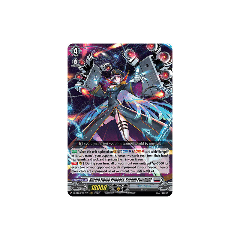 Vanguard_TCG_card_D-BT04_007EN_RRR_Aurora_Fierce_Princess_Seraph_Purelight_Awakening_of_Chakrabarthi