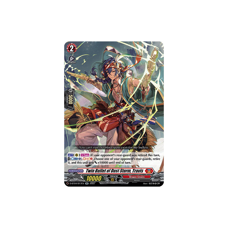 Vanguard_TCG_card_D-BT04_017EN_RR_Twin_Bullet_of_Dust_Storm_Travis_Awakening_of_Chakrabarthi