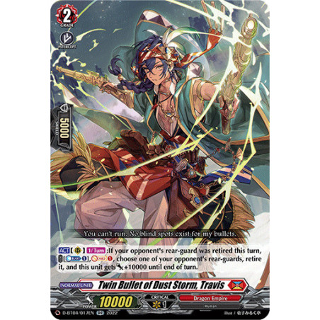 Vanguard_TCG_card_D-BT04_017EN_RR_Twin_Bullet_of_Dust_Storm_Travis_Awakening_of_Chakrabarthi
