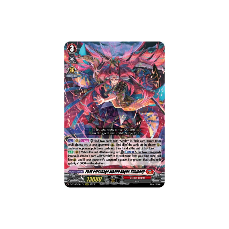 Vanguard_TCG_card_D-BT08_001EN_RRR_Peak_Personage_Stealth_Rogue_Shojodoji_Minerva_Rising
