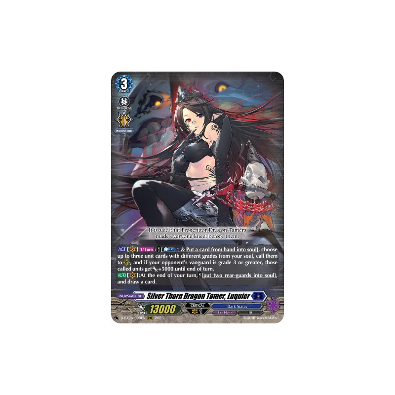 Vanguard_TCG_card_D-BT08_003EN_RRR_Silver_Thorn_Dragon_Tamer_Luquier_Minerva_Rising