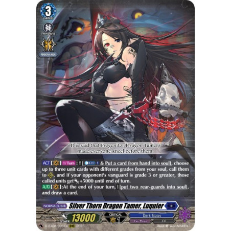 Vanguard_TCG_card_D-BT08_003EN_RRR_Silver_Thorn_Dragon_Tamer_Luquier_Minerva_Rising