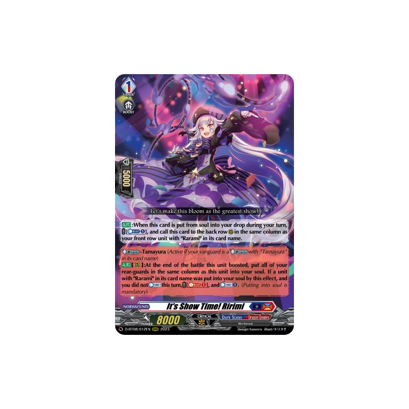 Vanguard_TCG_card_D-BT08_012EN_RRR_It_s_Show_Time_Ririmi_Minerva_Rising