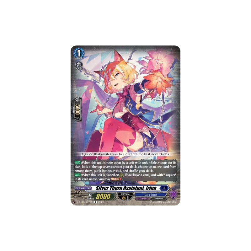 Vanguard_TCG_card_D-BT08_067EN_C_Silver_Thorn_Assistant_Irina_Minerva_Rising