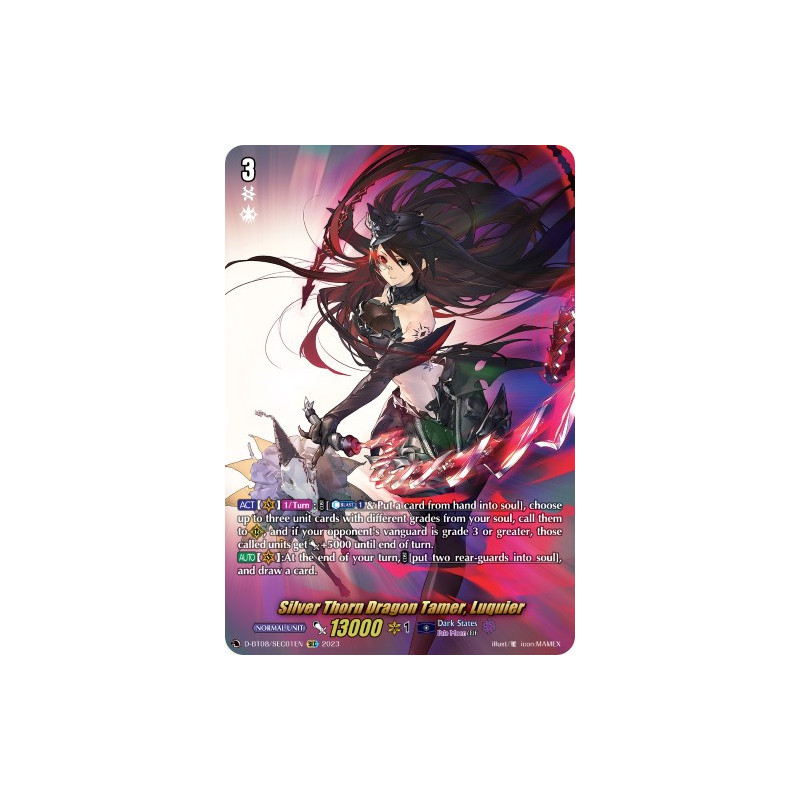 Vanguard_TCG_card_D-BT08_SEC01EN_SEC_Silver_Thorn_Dragon_Tamer_Luquier_Minerva_Rising