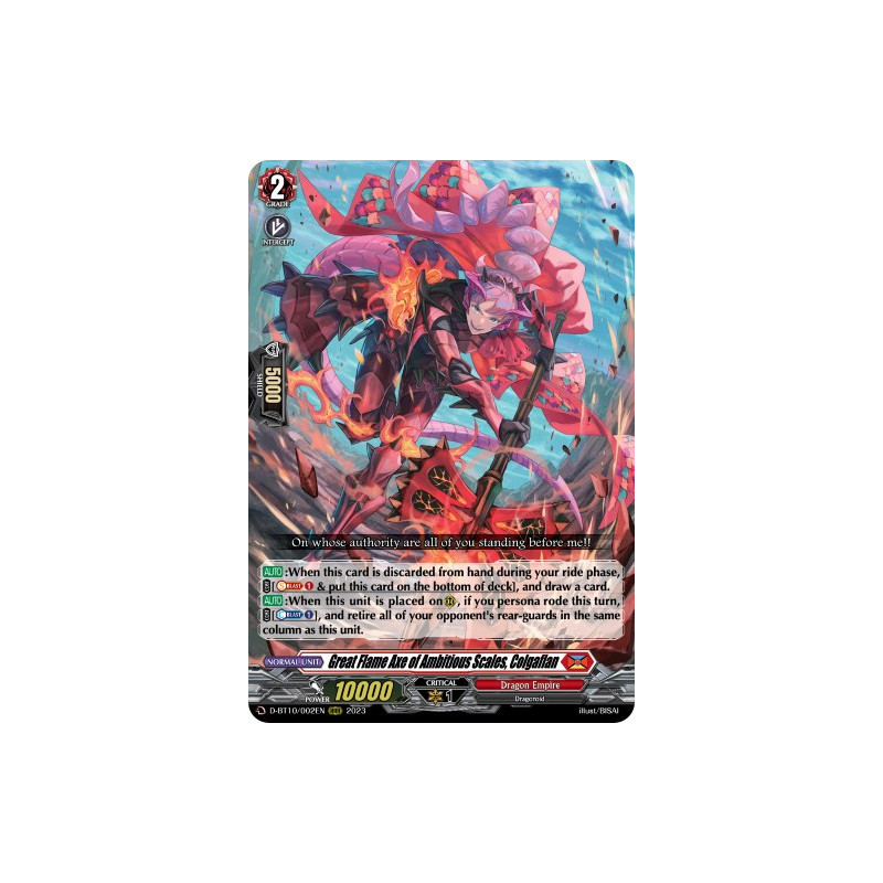 Vanguard_TCG_card_D-BT10_002EN_RRR_Great_Flame_Axe_of_Ambitious_Scales_Colgaflan_Dragon_Masquerade