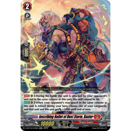 Vanguard_TCG_card_D-BT10_016EN_RR_Inscribing_Bullet_of_Dust_Storm_Baxter_Dragon_Masquerade