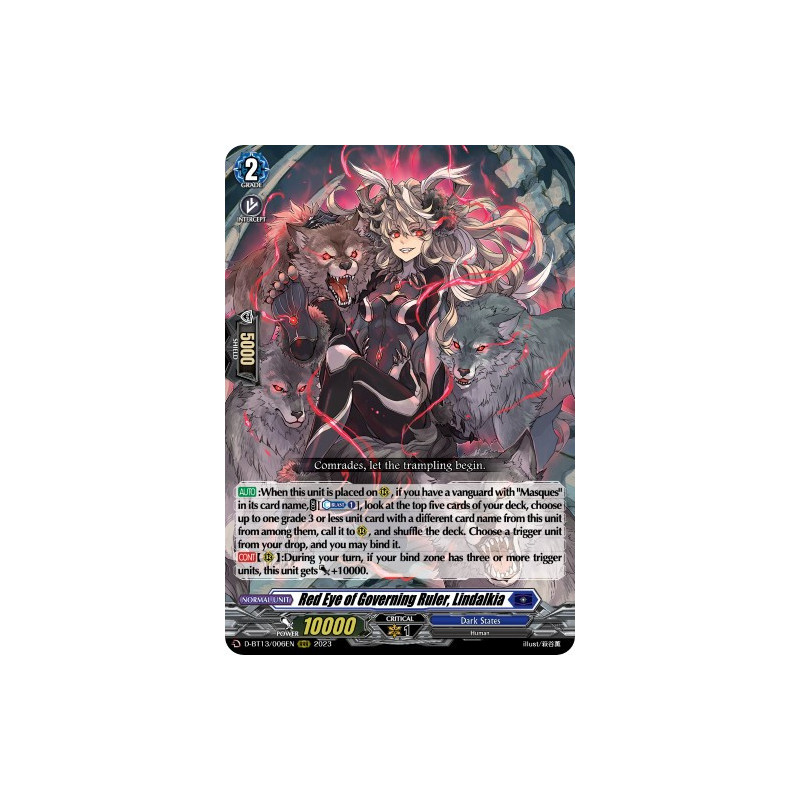 Vanguard_TCG_card_D-BT13_006ENEN_RRR_Red_Eye_of_Governing_Ruler_Lindalkia_Flight_of_Chakrabarthi