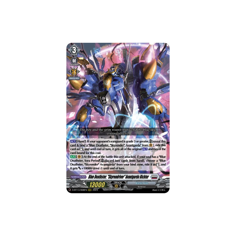Vanguard_TCG_card_D-BT13_008ENEN_RRR_Blue_Deathster_Skyrendriver_Avantgarda_Richter_Flight_of_Chakrabarthi