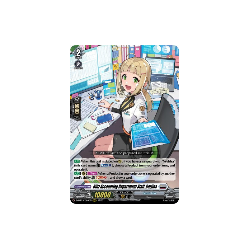 Vanguard_TCG_card_D-BT13_009ENEN_RRR_Blitz_Accounting_Department_Staff_Berjina_Flight_of_Chakrabarthi