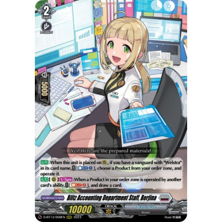 Vanguard_TCG_card_D-BT13_009ENEN_RRR_Blitz_Accounting_Department_Staff_Berjina_Flight_of_Chakrabarthi