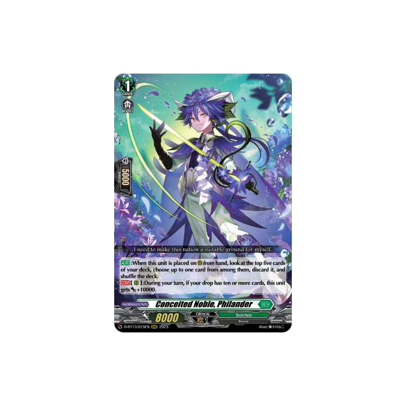 Vanguard_TCG_card_D-BT13_015ENEN_RRR_Conceited_Noble_Philander_Flight_of_Chakrabarthi