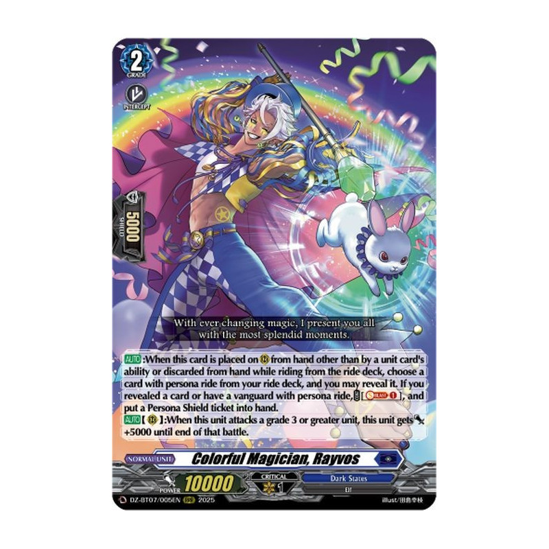 Vanguard_TCG_card_DZ-BT07_005EN_RRR_Colorful_Magician_Rayvos_Moon_Fangs_Cerulean_Blaze