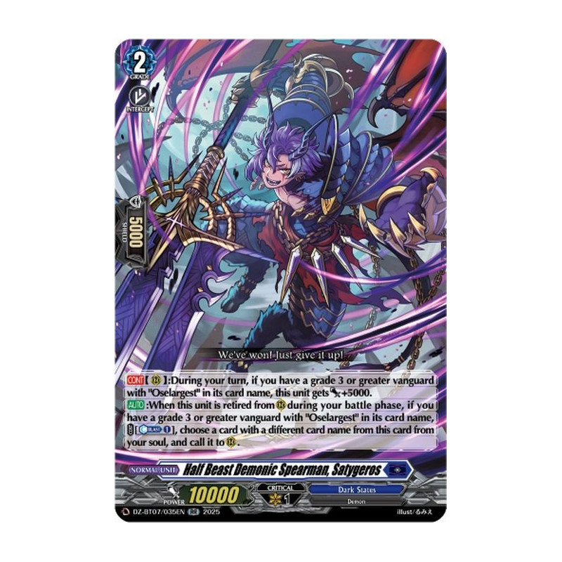 Vanguard_TCG_card_DZ-BT07_035EN_RR_Half_Beast_Demonic_Spearman_Satygeros_Moon_Fangs_Cerulean_Blaze