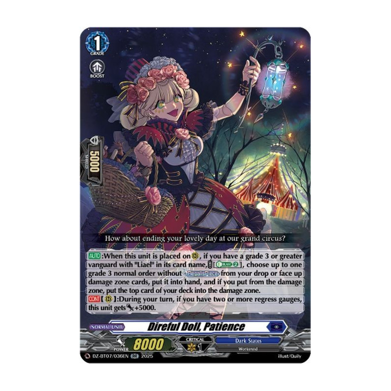Vanguard_TCG_card_DZ-BT07_036EN_RR_Direful_Doll_Patience_Moon_Fangs_Cerulean_Blaze