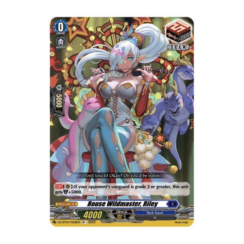 Vanguard_TCG_card_DZ-BT07_058EN_R+_Rouse_Wildmaster_Riley_Moon_Fangs_Cerulean_Blaze