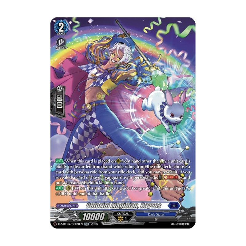 Vanguard_TCG_card_DZ-BT07_SR09EN_SR_Colorful_Magician_Rayvos_Moon_Fangs_Cerulean_Blaze