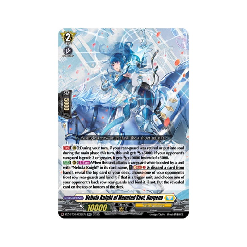 Vanguard_TCG_card_DZ-BT09_032EN_RR_Nebula_Knight_of_Mounted_Shot_Hargena_Super_Brave_Detonation