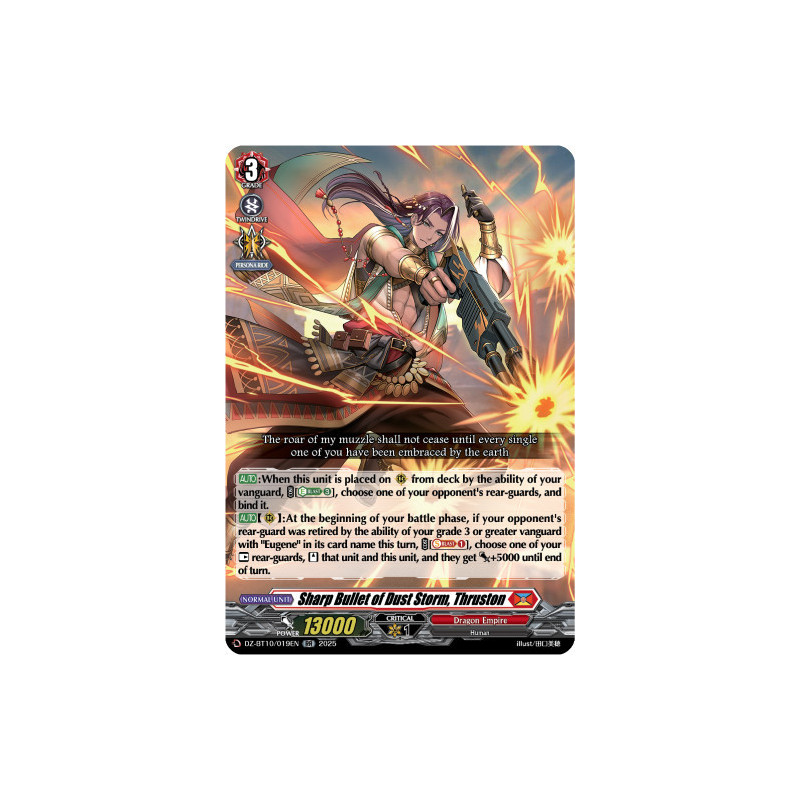 Vanguard_TCG_card_DZ-BT10_019EN_RR_Sharp_Bullet_of_Dust_Storm_Thruston_Dragonsoul_Resonance