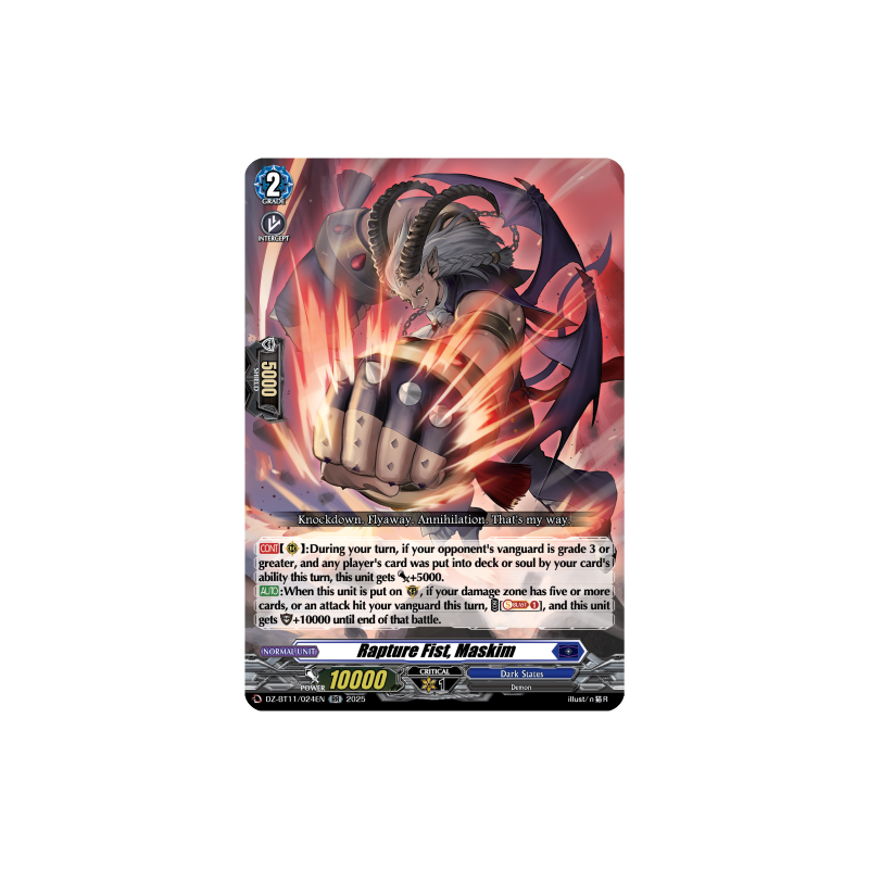Vanguard_TCG_card_DZ-BT11_024EN_RR_Rapture_Fist_Maskim_Symphony_of_Might_Bloom