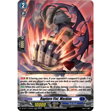 Vanguard_TCG_card_DZ-BT11_024EN_RR_Rapture_Fist_Maskim_Symphony_of_Might_Bloom